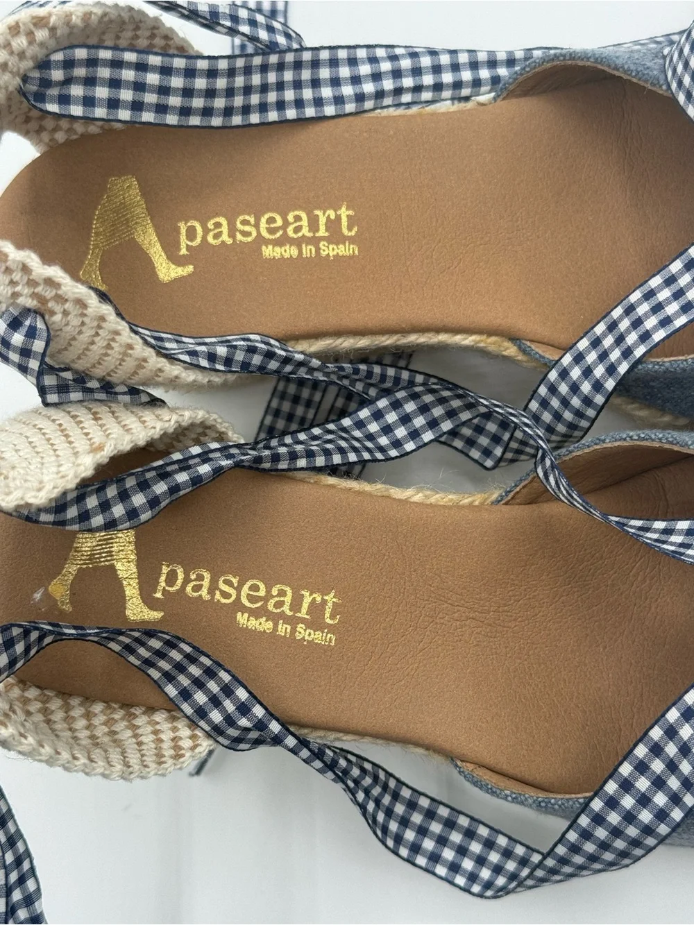Paseart Denim Espadrille Wedge Sandals Blue Gingham Lace-Up Ankle Tie Platform
